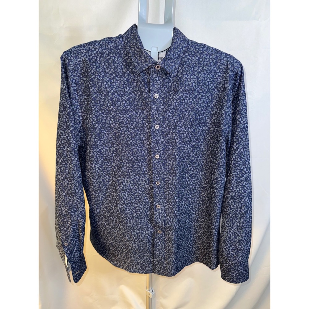 International Report Mens Large Navy Blue Leaf Print Long‎ Sleeve Button Down
